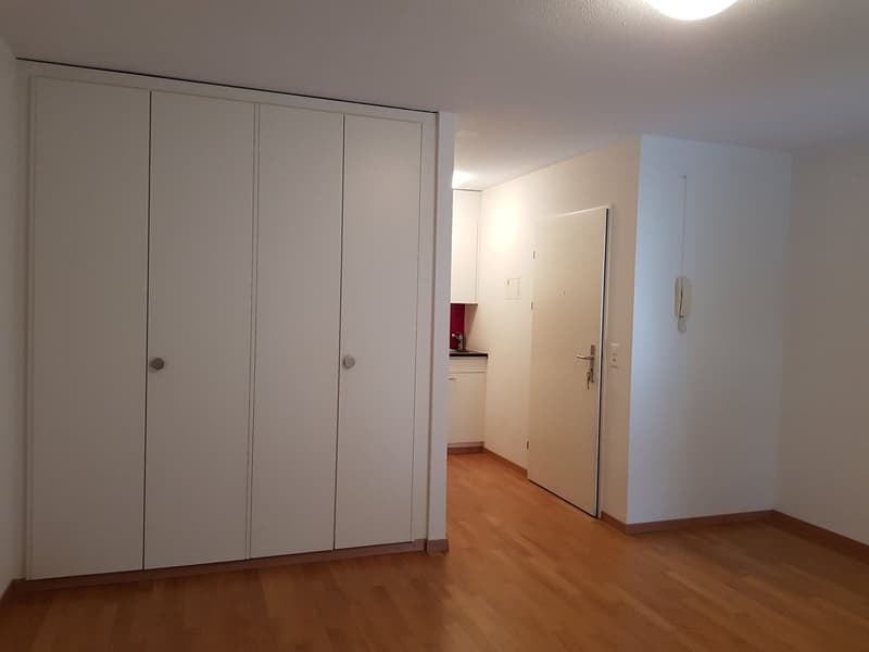 empty room, white walls, wooden floor, large wardrobe, small kitchen area