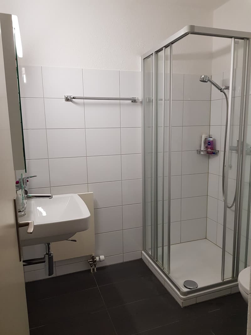 Bathroom with white tiles, glass shower, white sink, mirror, and toilet