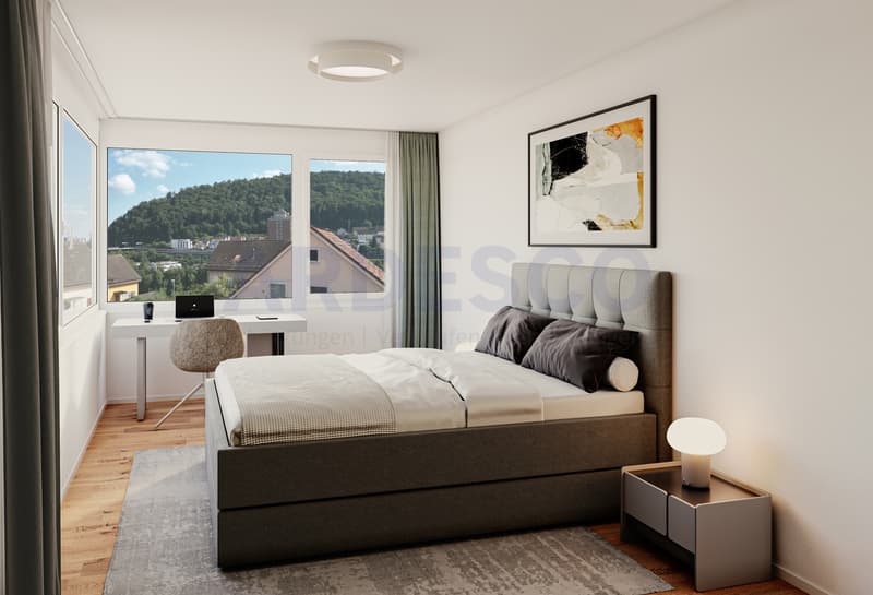 Zimmer mit Schlafbereich und Arbeitsplatz