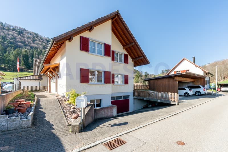 Hauszugang mit Aussenparkplätzen, Carports und Garagenzufahrt
