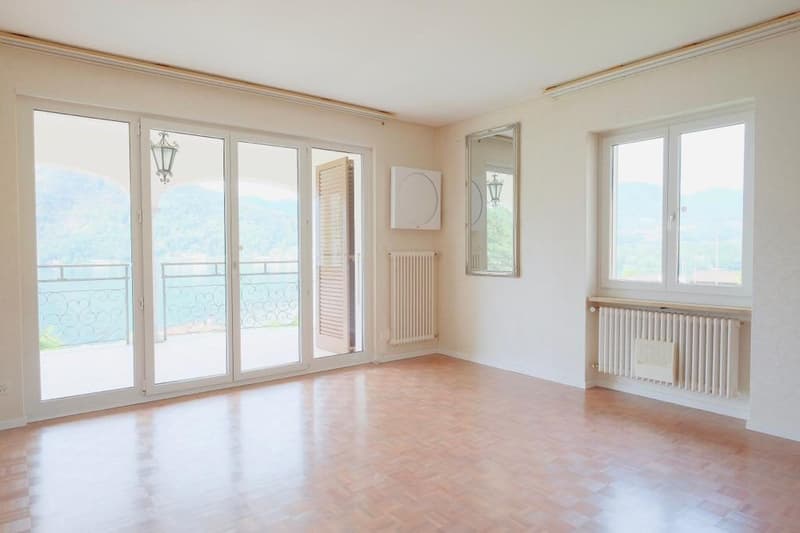 Spacious living room with large windows, balcony, and hardwood floors. The room has a bright and airy feel with natural light coming in from the windows. There is a radiator visible on the wall.