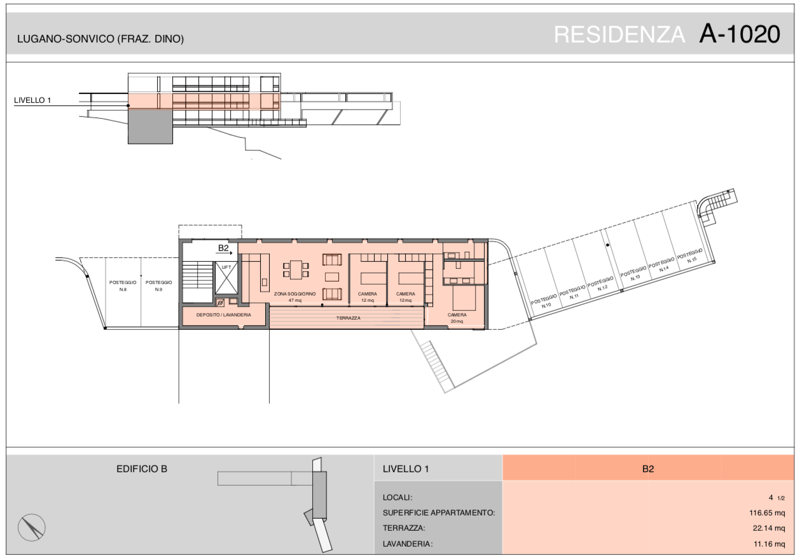 The image shows the floor plan of a residential property called 'Residenza A-1020' located in Lugano-Sonvico, Switzerland. The plan includes a living area, kitchen, 3 bedrooms, 2 bathrooms, and a terrace.