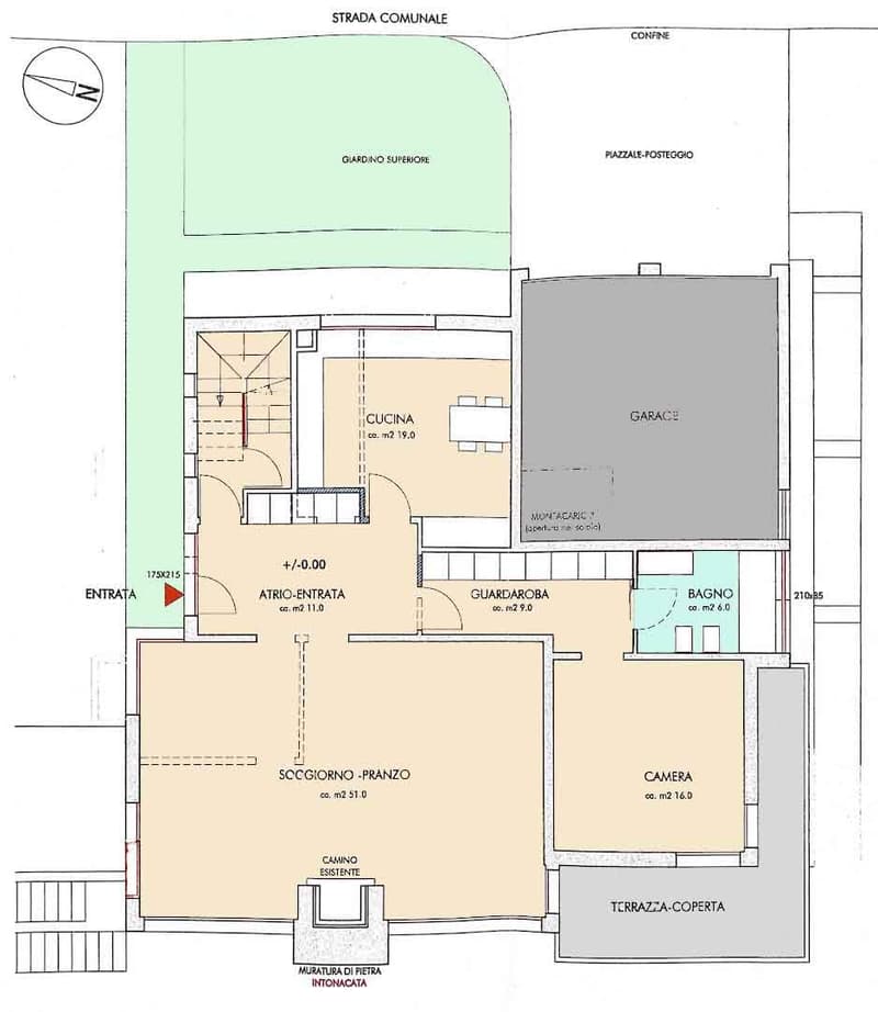 The floor plan shows a 2-story house with a living room, kitchen, bedroom, bathroom, and a garage. There is also a balcony/terrace area.