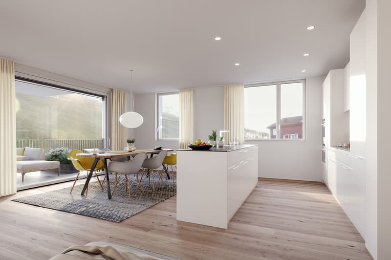 white kitchen with island, dining table, 6 chairs, rug, yellow couch on balcony, sliding doors, large windows, wooden floor, contemporary style