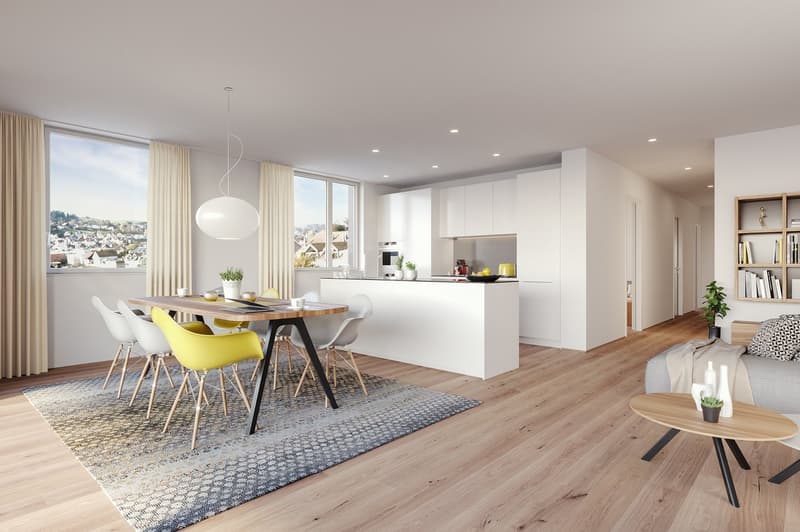modern design dining table, white kitchen, large windows, view, beige rug, gray sofa