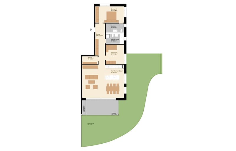3 bedrooms, 2 bathrooms, living room, kitchen, storage, dining area, patio