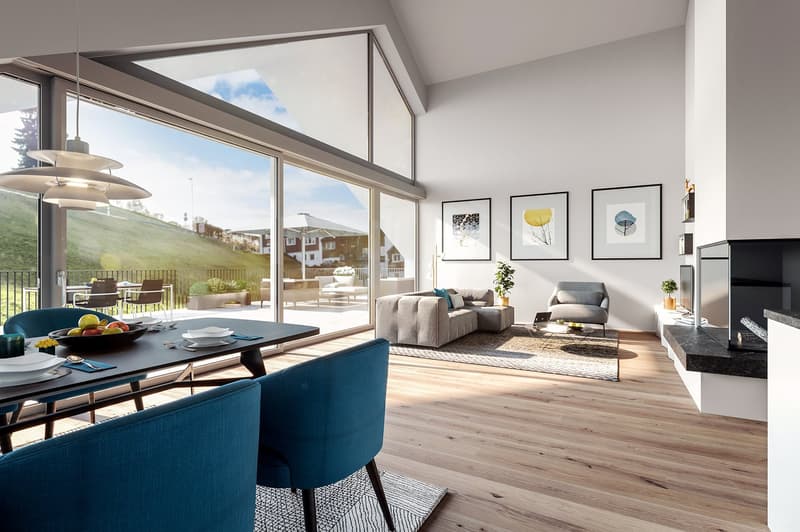large windows, balcony with table and chairs, dining table, modern furnishings