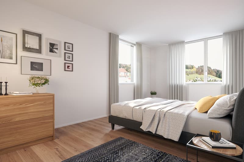 modern bedroom with bed, wooden cabinet, floor lamp, carpet, artwork, windows, outside view
