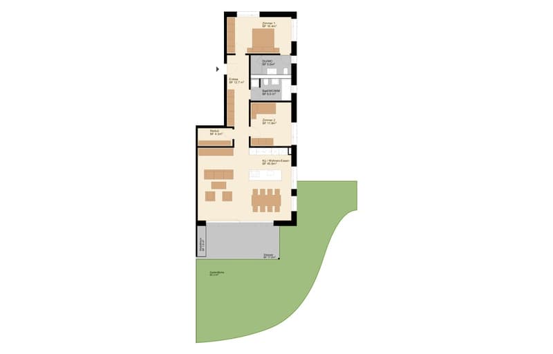 bedroom, living room, kitchen, bathroom, raised ground floor