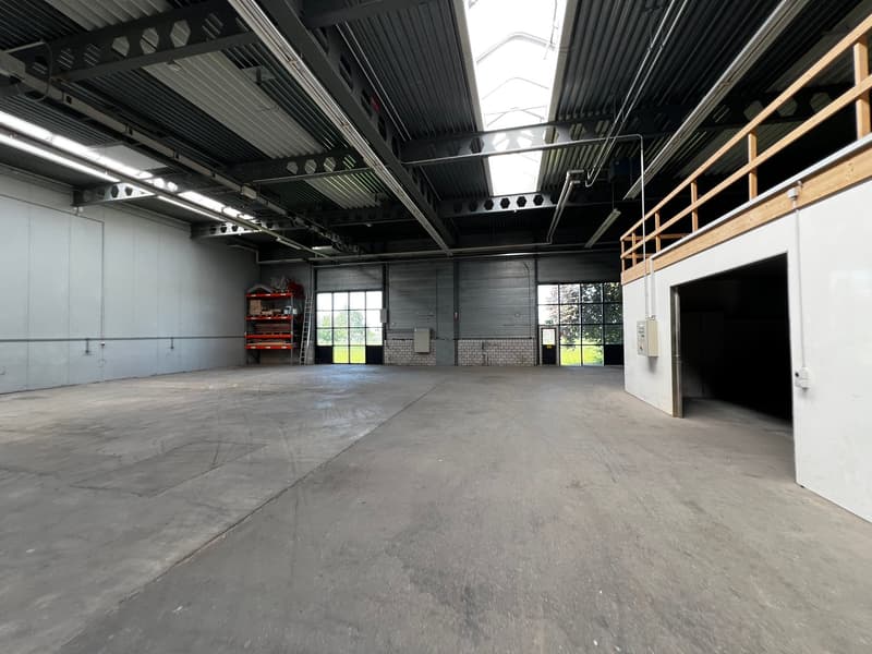 Empty warehouse with concrete floor, metal ceiling, large windows, metal railings, and a small storage area with shelves and a ladder.
