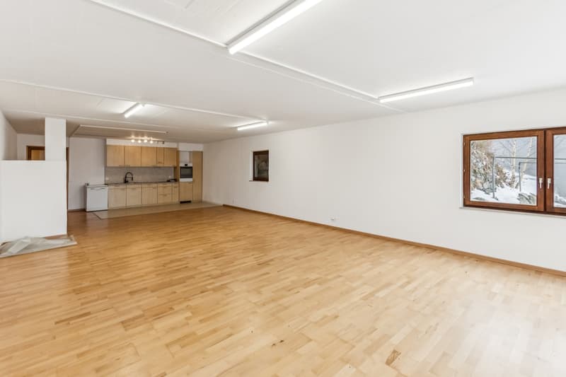 Untergeschoss Studio: Blick in die Studio-/Personalwohnung mit Einbauküche