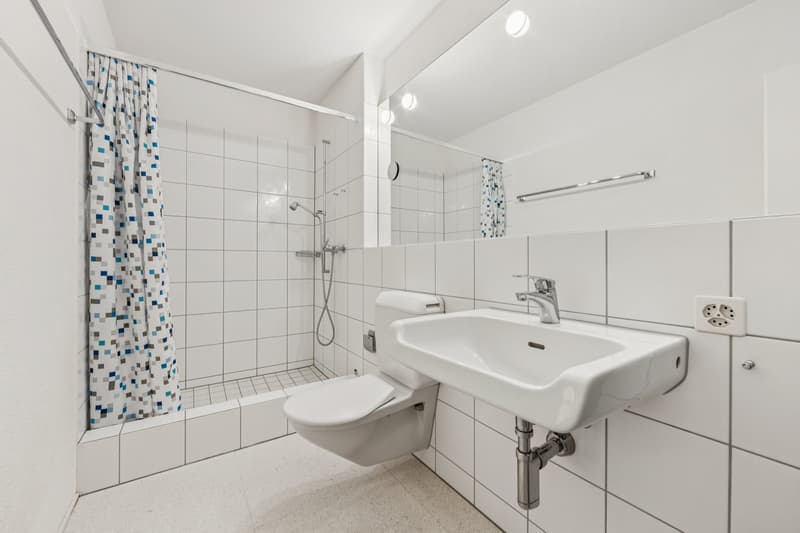 Die Nasszelle ist mit einer Dusche ausgestattet und überzeugt durch eine angenehme Raumwirkung