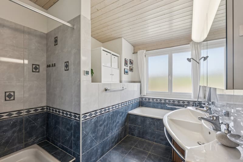 Grosszügiges Bad mit Dusche, Badewanne und Doppellavabo