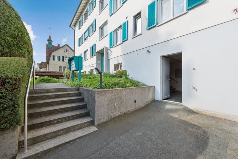 Treppenaufgang zum Eingangsbereich - rechts der Zugang ins UG mit Keller und Veloraum