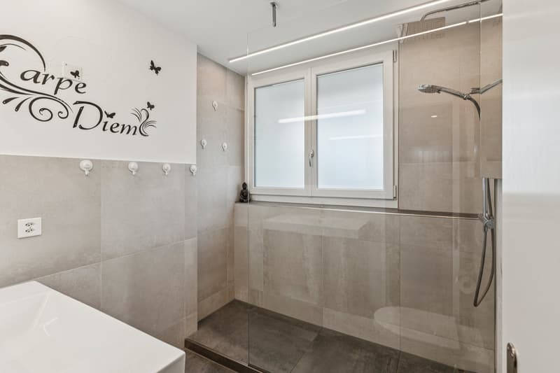 Zeitgemäss gestaltetes Badezimmer mit komfortabler Walk-in-Dusche