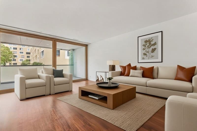 Modern living, Wohnzimmer mit direktem Ausgang zum Balkon mit begrünten Innenhof