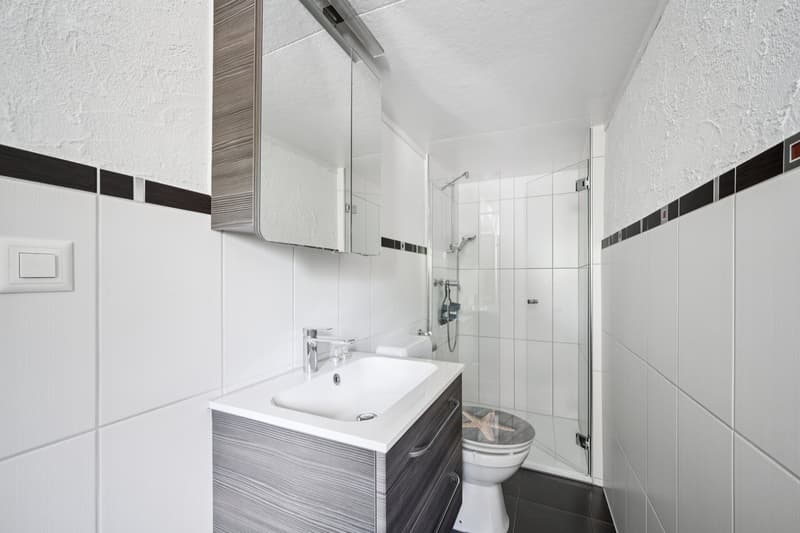 Modernes Badezimmer mit begehbarer Dusche und Fenster