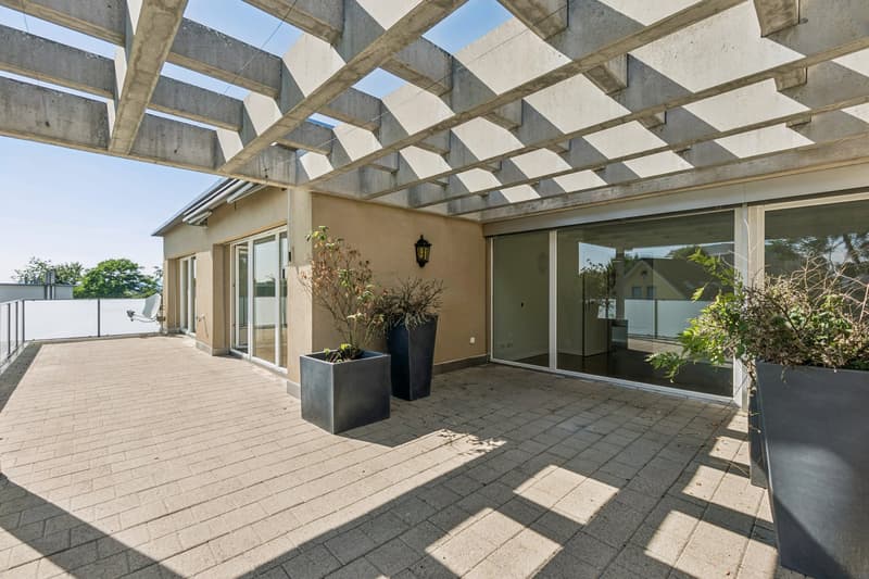 Grosszügige, sonnige, elegante Dachterrasse mit stilvoller Pergola