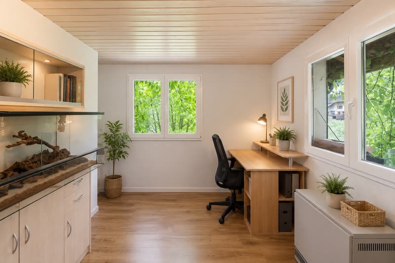Vielseitig nutzbares Zimmer mit Gartenblick (Virtuell möbliert)