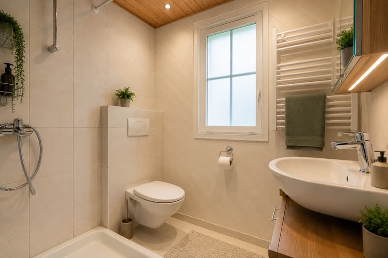 Modernes Badezimmer mit Fenster (Virtuell möbliert)