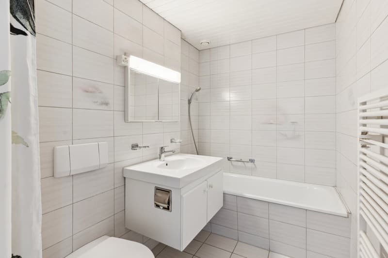 Ein Badezimmer mit Dusche, WC und Lavabo ergänzt das Raumangebot im oberen Stockwerk ideal