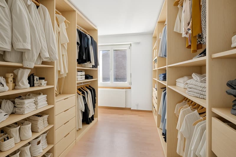Das zweite Zimmer mit Westausrichtung wird aktuell als begehbare Ankleide genutzt - Staging