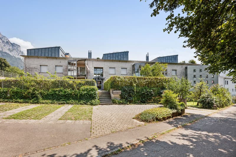 Aussenansicht an die zugangsseitige Westfassade der Liegenschaft