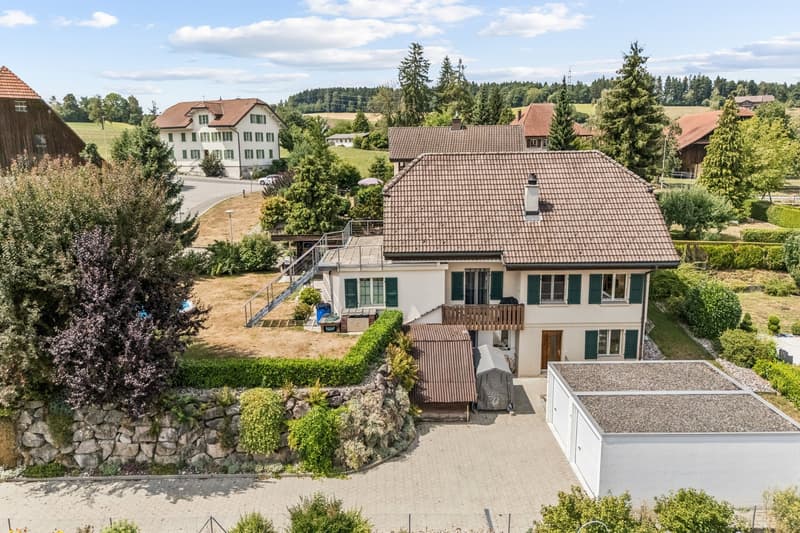Abschliessende Gesamtansicht mit Doppelgarage, Zufahrt und Gartenbereich