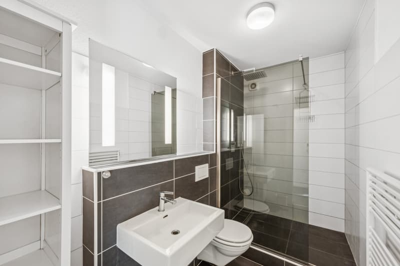 Badezimmer mit grosszügiger Dusche und praktischem Stauraum