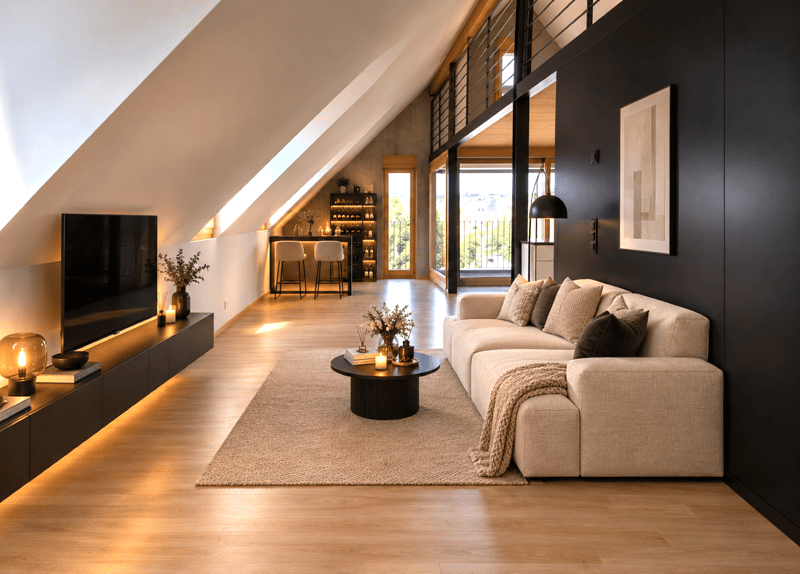 Moderne Loftlounge mit gemütlicher Ausstrahlung