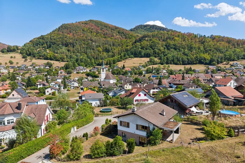 Blick auf die Liegenschaft mit grosszügigem Umschwung und dem charmanten Dorf Erschwil vor der eindrucksvollen Kulisse des Schwarzbubenlands