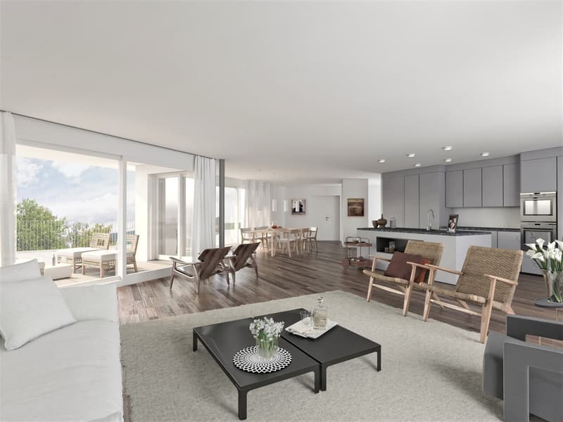 modern living room with wooden floor, large windows, balcony, white furniture, coffee table, chairs, kitchen with island, dining table, modern decor