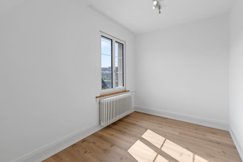 empty room, white walls, wooden floor, white radiator, window with view