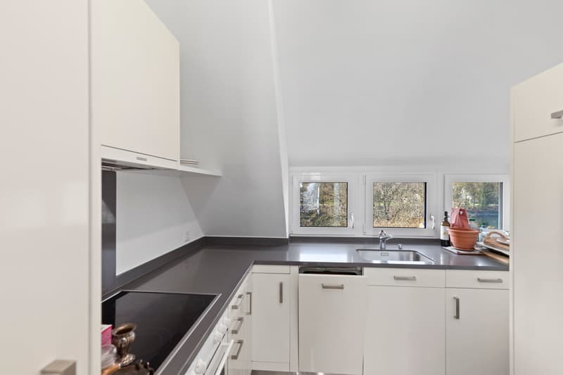 modern kitchen with white cabinets, gray countertops, induction stove, dishwasher, sink, windows