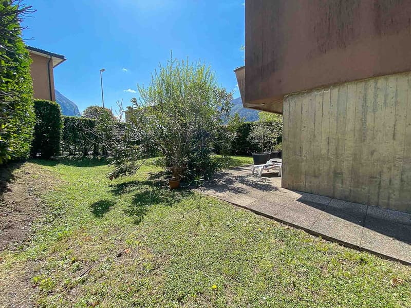 well-maintained garden with green grass, shrubs, and a small tree, concrete pathway, lounge chair, potted plants, and a building wall
