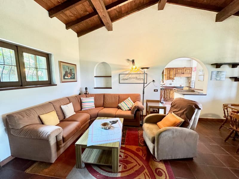 L-shaped sofa, wooden coffee table, armchair, carpet, lamps, arched doorway, wooden shelves, picture frames, tiled floor