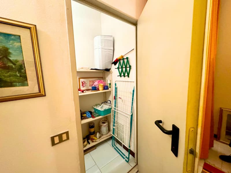 Small utility room with shelves, a washing machine, and a drying rack.