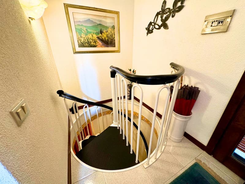 The image shows a curved staircase with a white railing and decorative metal accents. The stairs have a black carpet runner. There is a framed landscape painting on the wall and an umbrella stand near the staircase.