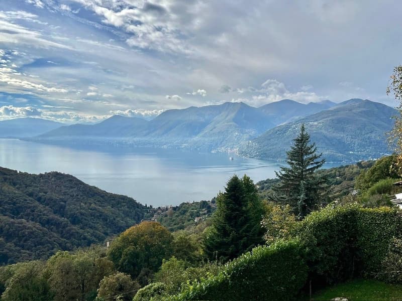 Beautiful view of a lake and mountains under cloudy sky, surrounded by lush greenery