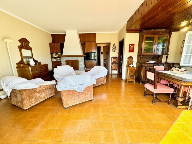 Spacious living room with hardwood floors, wooden furniture and cabinetry, stone fireplace, and large windows providing natural light