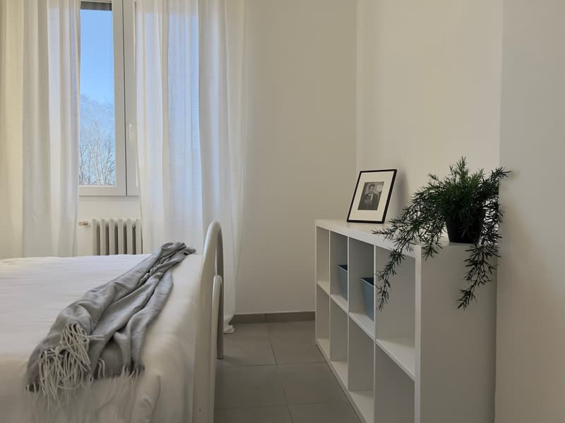 single bed, grey linen, white shelves, picture frame, radiator, plant