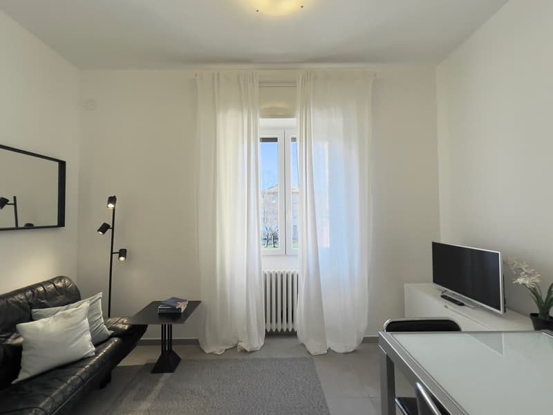 The image shows a modern and minimalist living room. The room has white walls, hardwood floors, and large windows that provide natural light. The furniture includes a black leather sofa, a small coffee table, and a TV stand with a flat-screen TV. The room