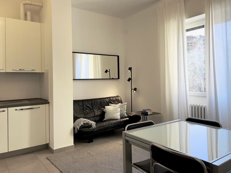 open kitchen with modern cabinets, large couch with pillows, side table with books, floor lamp, carpet, table and chairs