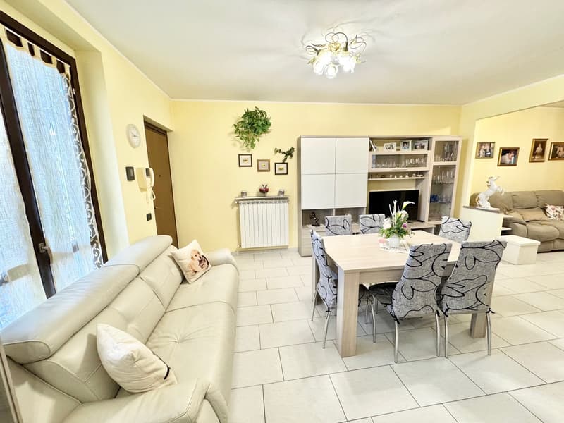 white couch, dining table, white chair, television, white cabinet, flower vase, decorative plant, clock, radiator, tile floor