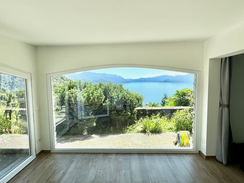 Large arched window with a stunning view of a lake surrounded by lush greenery and mountains. The room has hardwood floors and white walls, with a garden hose visible in the foreground.