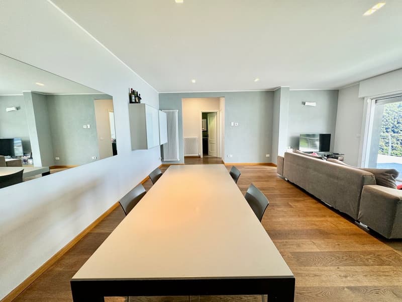 Spacious open-plan living area with a large dining table, hardwood floors, gray walls, and a sofa in the living room area. There appears to be a balcony or terrace visible through the window.