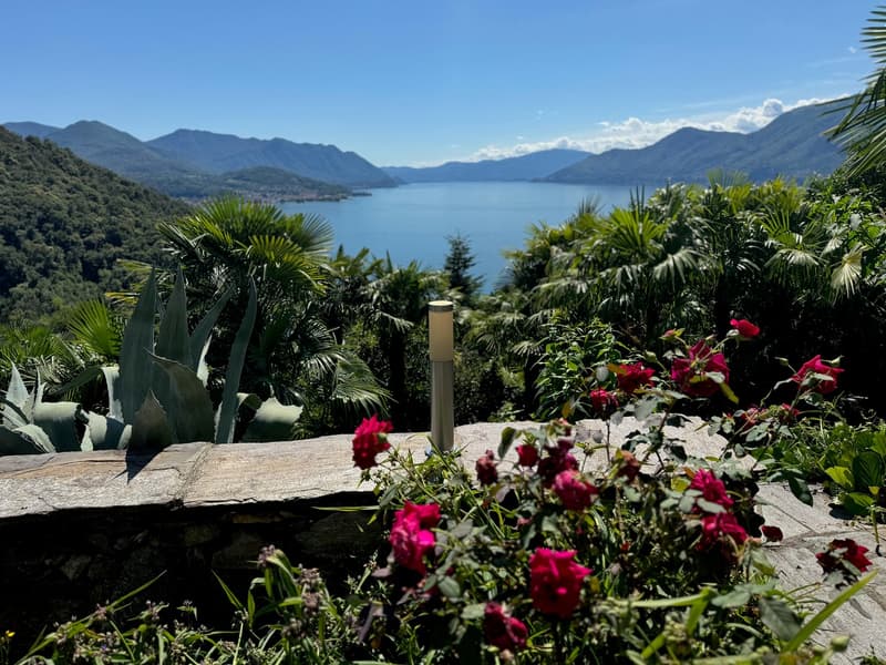 The image shows a scenic view of a lake surrounded by lush, mountainous terrain. The foreground features a well-manicured garden with vibrant red flowers and tropical plants. The lake appears calm and serene, reflecting the surrounding mountains and sky.