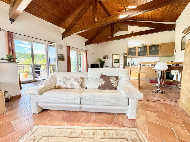 Spacious living room with high vaulted wooden ceiling, large windows providing natural light, white leather sofa, wooden kitchen area, and a balcony or terrace visible through the windows