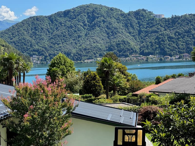 Scenic view of a lake surrounded by lush, forested mountains. The image shows a residential area with tiled roofs and palm trees in the foreground. The lake appears calm and reflects the surrounding greenery.