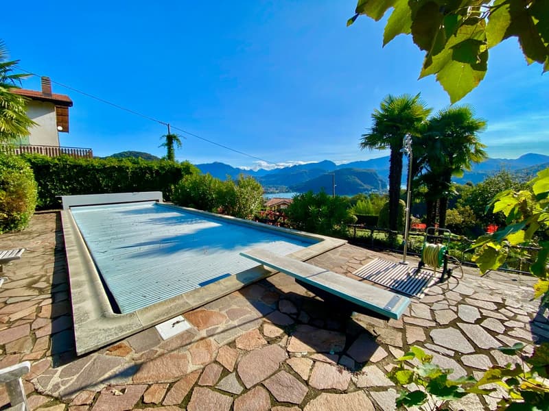 An outdoor swimming pool with a stone border, surrounded by lush greenery and a stone terrace. It's placed in a beautiful garden area with a stunning view of mountains in the background.
